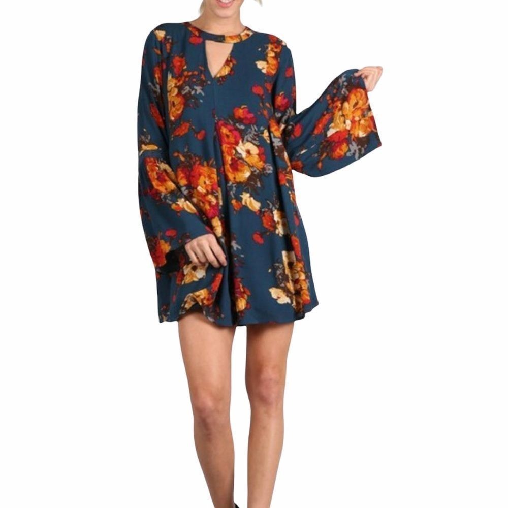 Medium Blu pepper floral bell sleeve keyhole Mini dress Fall Cottagecore